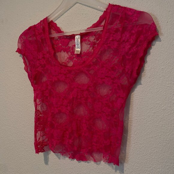 Hot Pink Lace‎ Stretch Crop Top by Bozzolo Size Medium - Picture 3 of 5